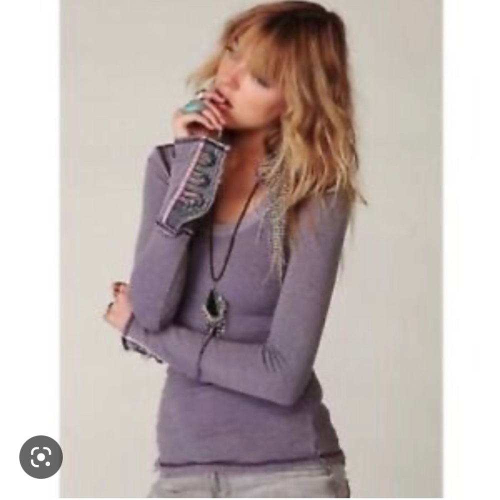Free People Purple Motor Button Cuff Waffle Thermal Top Shirt | XS